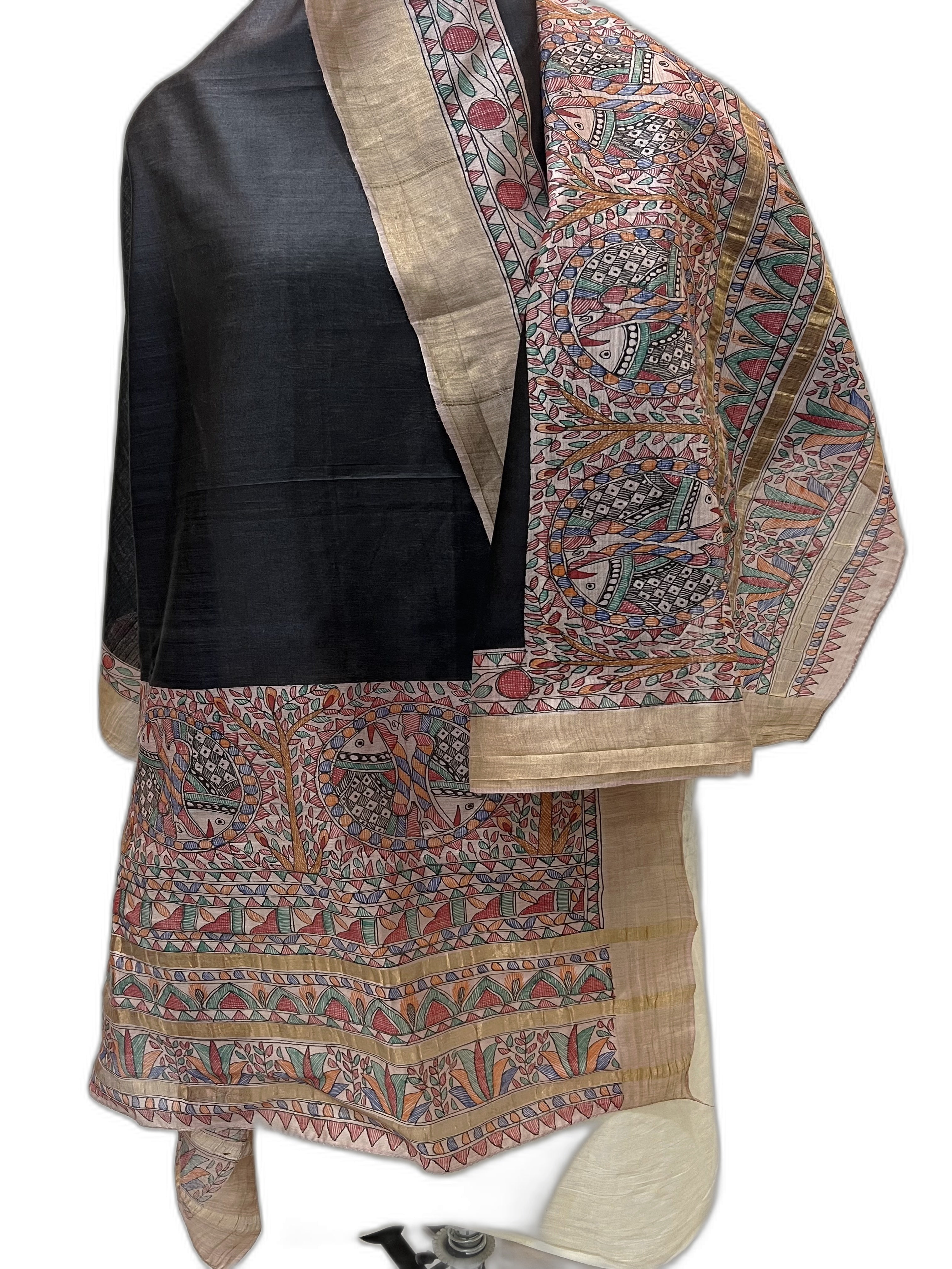 Hand-Painted Tussar Munga Silk Dupatta- Black with Fish Motif